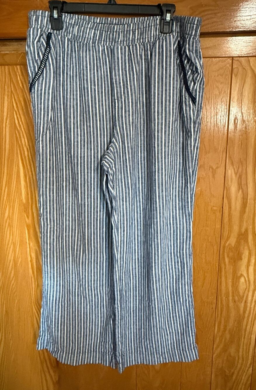 Briggs Women's Navy Striped Linen Blend Wide Leg Pants, XL